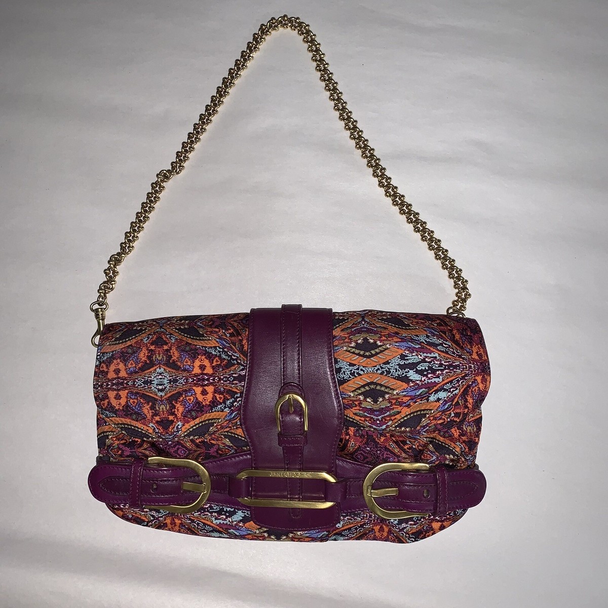 NWOT Jimmy Choo purple leather multi color silk clutch