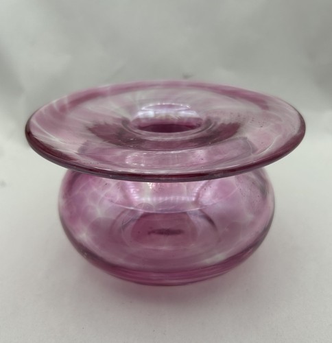 Pink Swirl Wide Rim Bulbous Hand Blown Art Glass Bud Vase 3x5