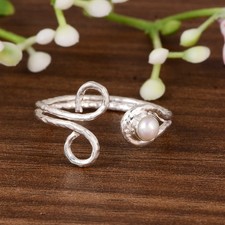 Handmade 925 Sterling Silver Pearl Bypass Ring Boho Textured Swirl Gift for Her