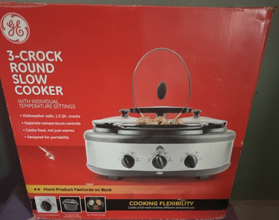 GE 3-Crock Round Slow Cooker 1.5 qt Stoneware, Temp Control, Stainless