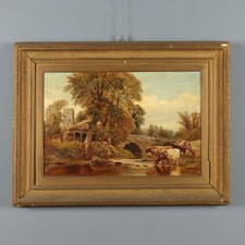 Dipinto Antico Paesaggio con Mucche e Pastore Olio su Tela 1886 Originale