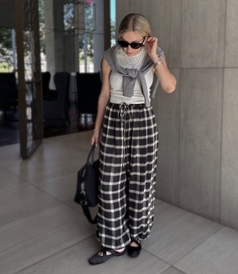 ZARA ZW COLLECTION BLACK ECRU PLAID BALLOON PANTS SIZE M 9479/282