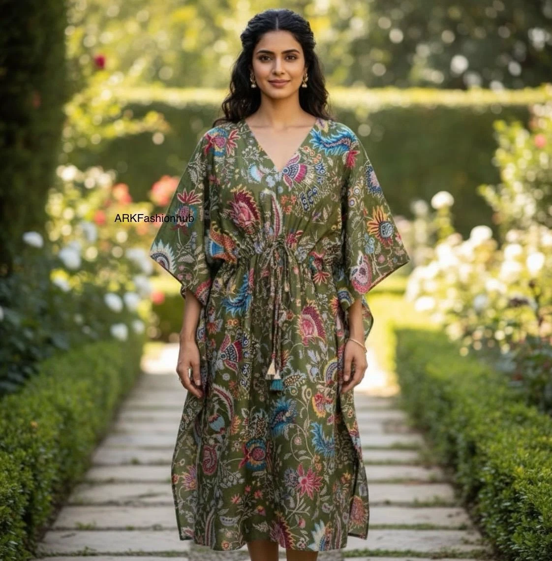 Hand Block Printed Indian Kaftan Dress Cotton Maxi Summer Beach Wear