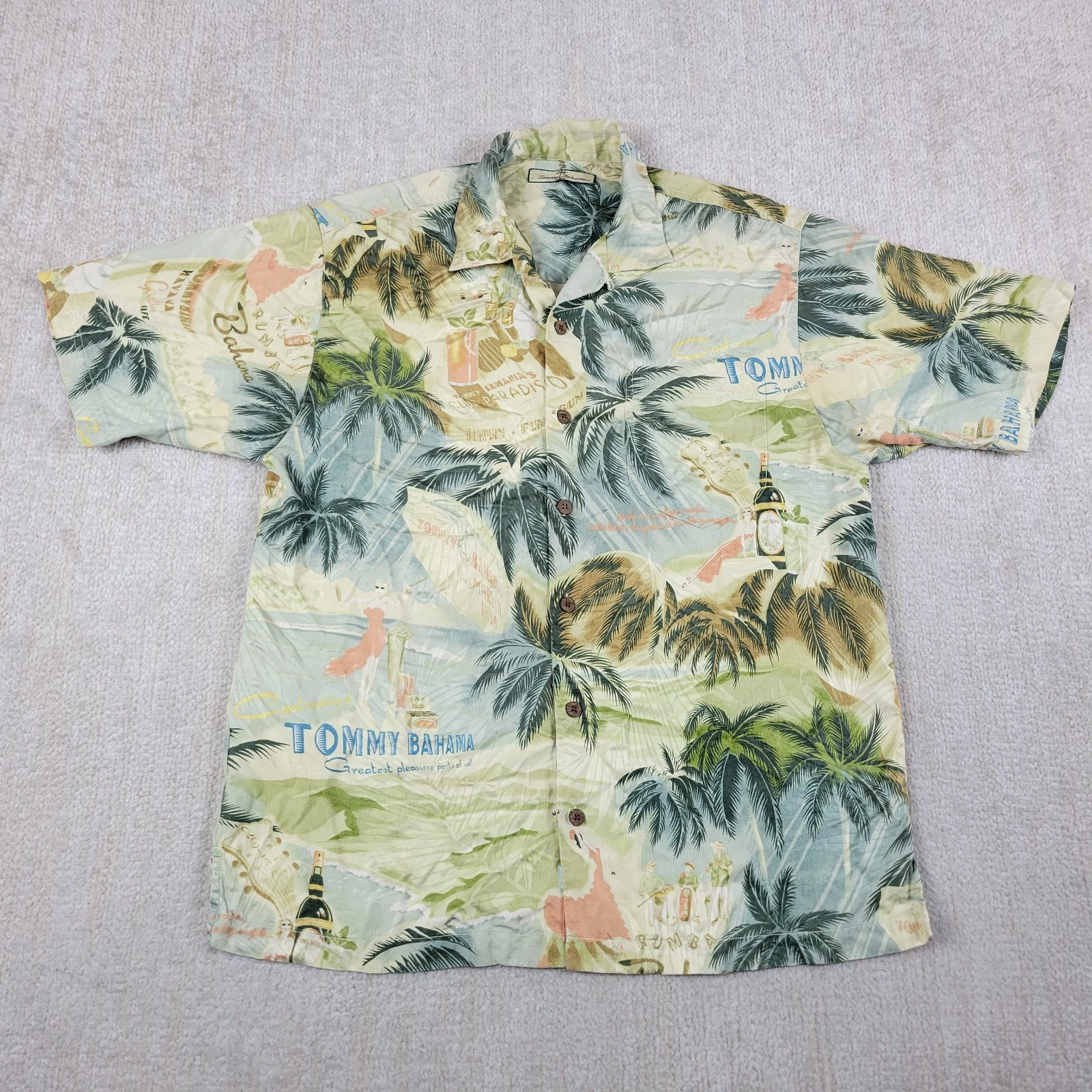 Tommy Bahama Silk Hawaiian Shirt Mens M Blue Green Floral Gutar Girl Palms Beach