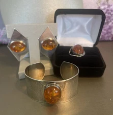 Vintage Kathy R Simonds Amber & Sterling “Very Rare” Demi Parure