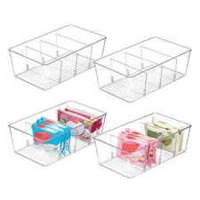 4 Pack Food Storage Organizer Bins, Clear Plastic, 4 Compartments