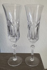 2 Vintage clear crystal cut etched champagne flute hand blown 8 1/4" fancy