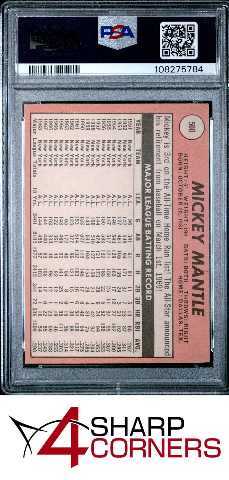 1969 TOPPS #500 MICKEY MANTLE YANKEES HOF LAST NAME IN YELLOW PSA 6 view 2
