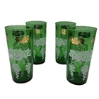 4 Vintage MCM Anchor Hocking Emerald Green 22K Gold Grape Leaves Tumbler Glasses