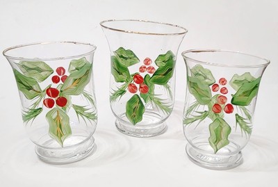 3 Vintage Christmas Holly & Berries Hurricane Glass Candle Holders Handpainted