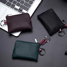 Mens Leather Coin Purse Change Pouch Wallet Zipper ID Card Holder with Key Chain