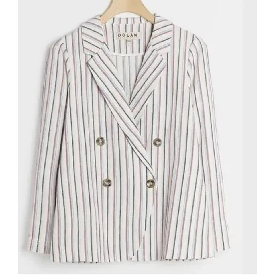 Blazer Anthropologie Dolan Mujer Pequeño Anna Mezcla de Lino Rayas Doble Pecho Foto 2 de 4