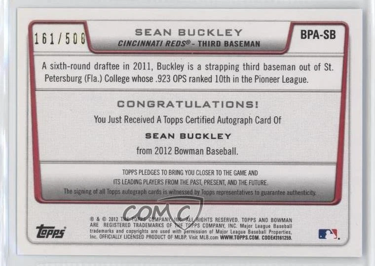 2012 Bowman Retail Prospect Auto Blue /500 Sean Buckley #BPA-SB Auto - Image 2 of 2