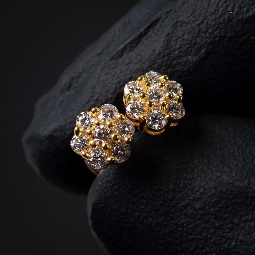 10K Yellow Gold Small Authentic Natural Diamond Flower Cluster Stud Earrings - Picture 3 of 8
