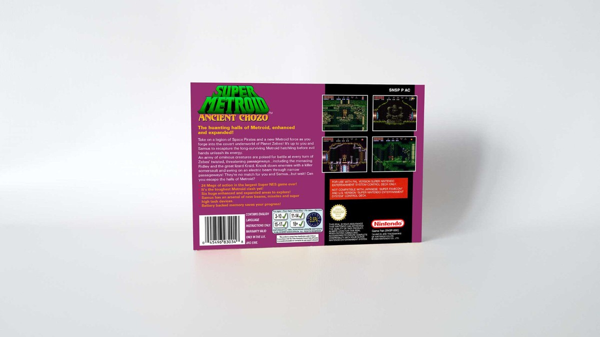 Super Metroid Ancient Chozo PAL Box and Tray For Super Nintendo