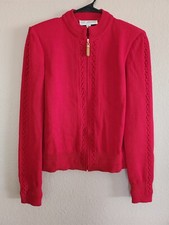 ST. JOHN Blazer Coat Suit Jacket Wool Santana Cable Knit Red Zip Sweater S 4 VTG
