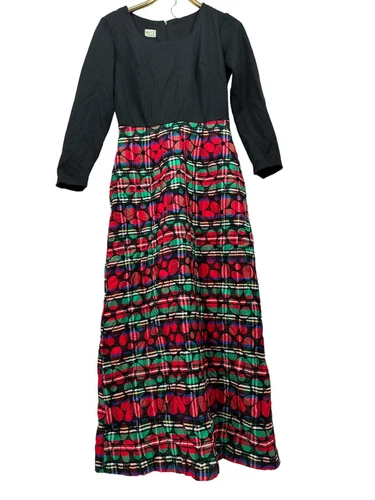 Vintage 1970's Womens Maxi Flower Power Hippie Red Black Dress sz  Maxi  S/M