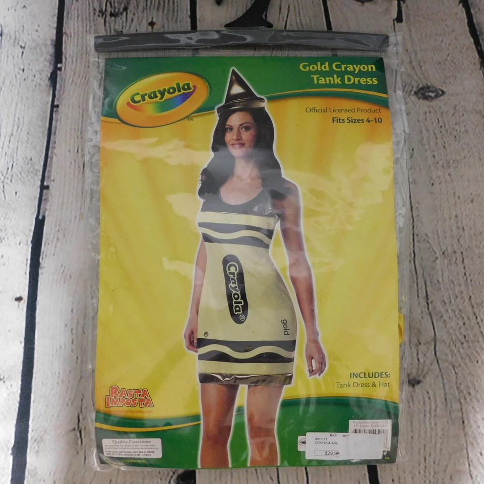 Mujeres/Adolescentes Sexy Crayola Dorado Crayón Tanque Vestido Disfraz Conjunto y Sombrero TALLA 4-10 Foto 4 de 4