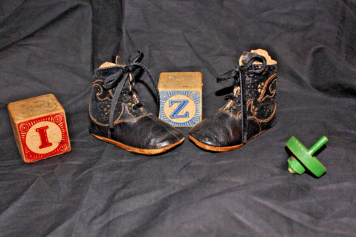 Antique Victorian Black Leather Shoes Child Toddler . #3
