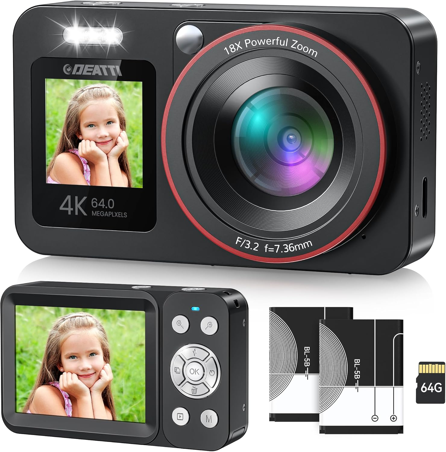 Digital Camera,Fhd 4K 64MP Camera with Dual Screens 64GB SD Card 2 Batteries,Dig