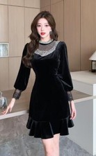 Women's Fashion beading Splicing Ruffles Slim fit gold velvet Evening Midi dress