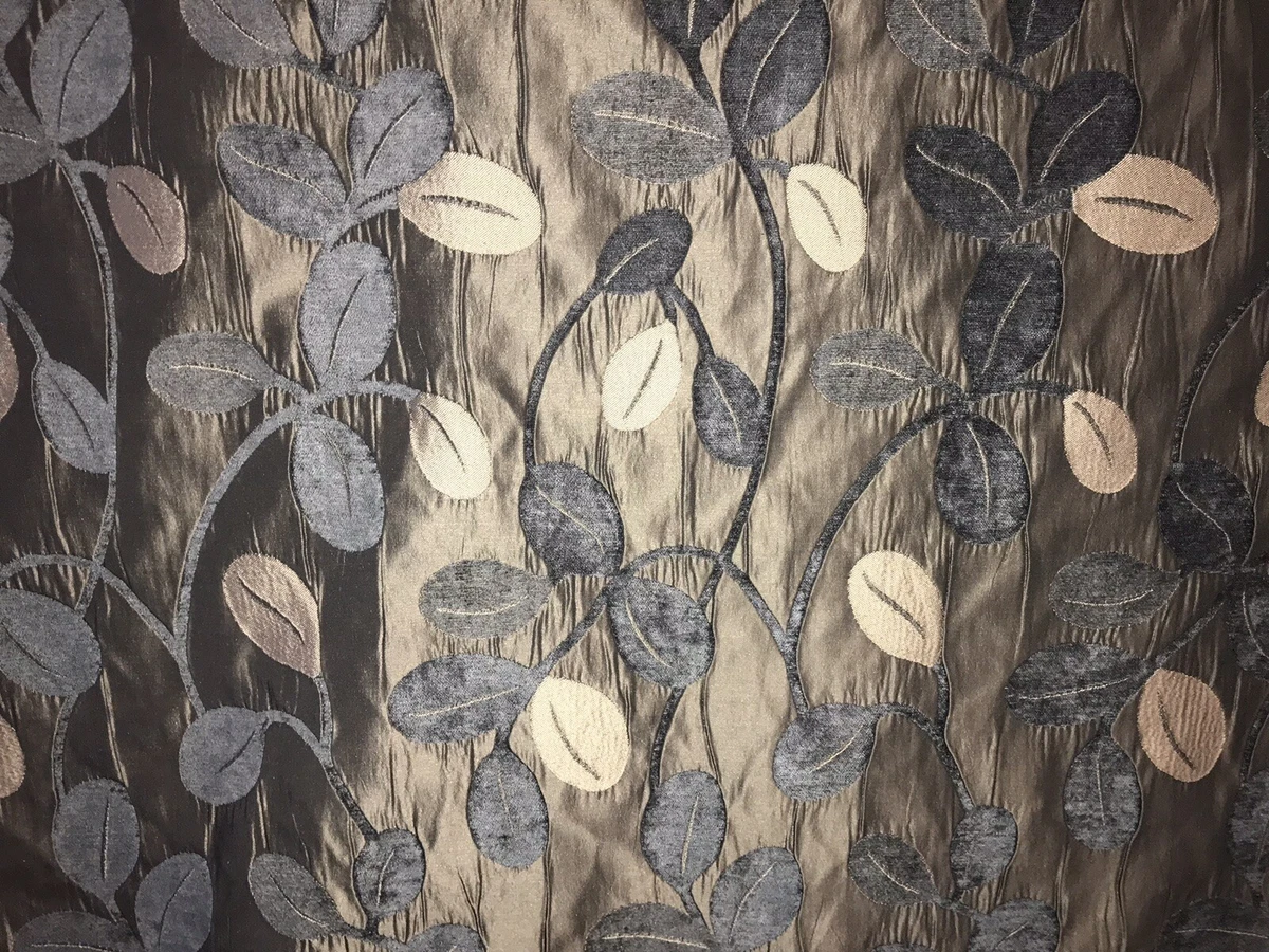 GREY LEAF CURTAIN FABRIC 4.39m Charcoal Grey Mocha Brown Leaf Chenille Crinkle