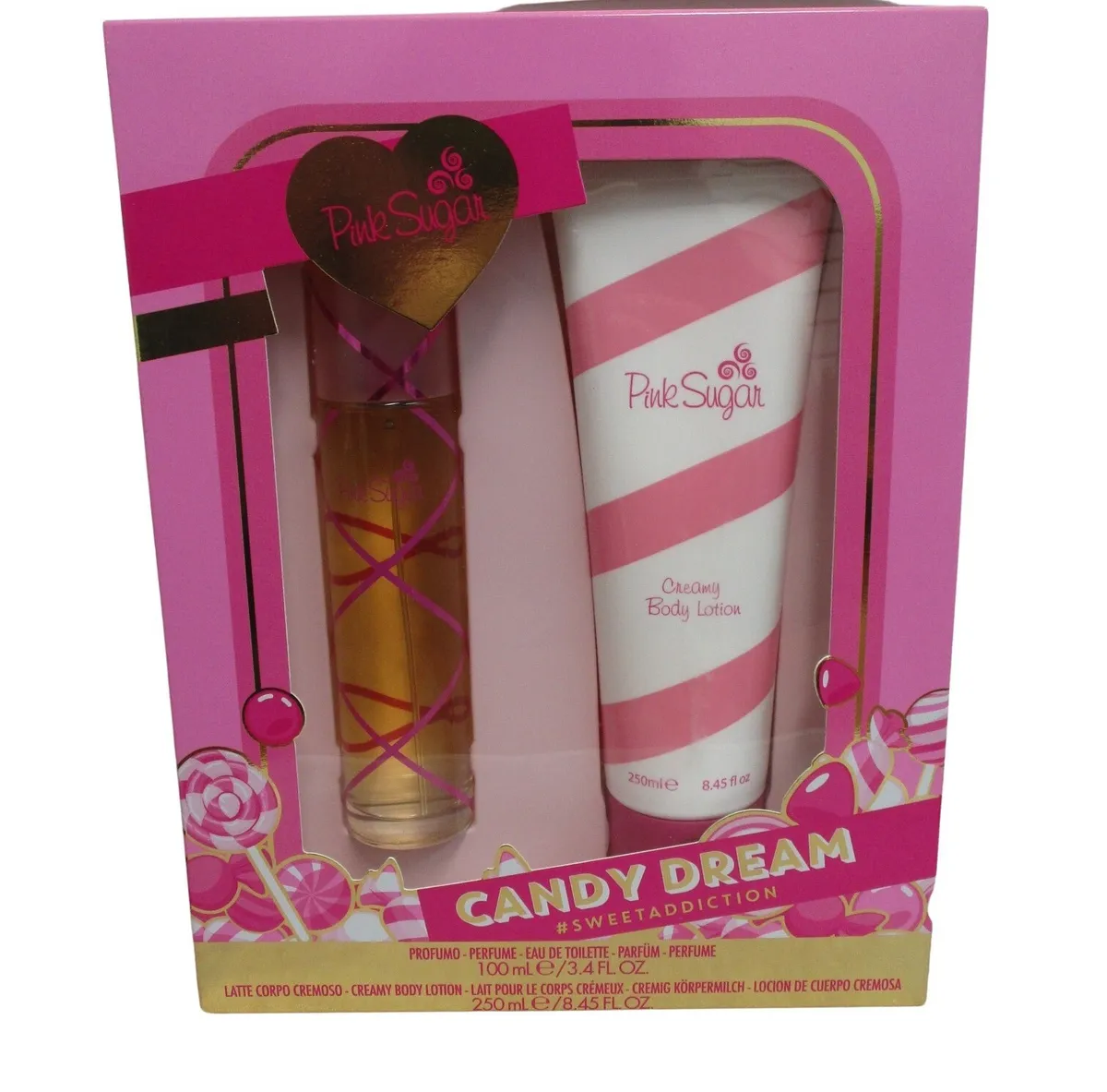 Pink Sugar Pink Sugar Candy Dream 2 Pc Gift 3.4 EDT+ 8.45oz Lotion  (distressed) 8054609781183