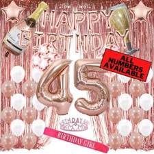 45th Birthday Rose Gold Decorations - 40" Number Balloons, Foil Curtains  More