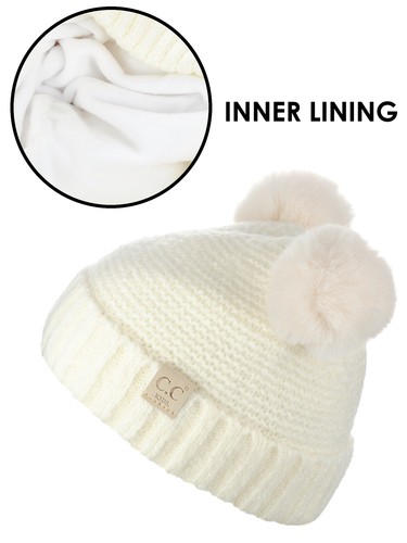 C.C Kids' Cable Knit Soft Single or Double Pom Fuzzy Lined Cuff CC Beanie - Picture 22 of 87