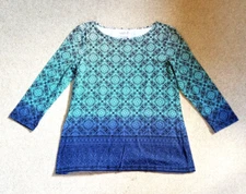 Womens Top-TALBOTS-blue/black floral ombre cotton stretch knit 3/4 sleeves-PP