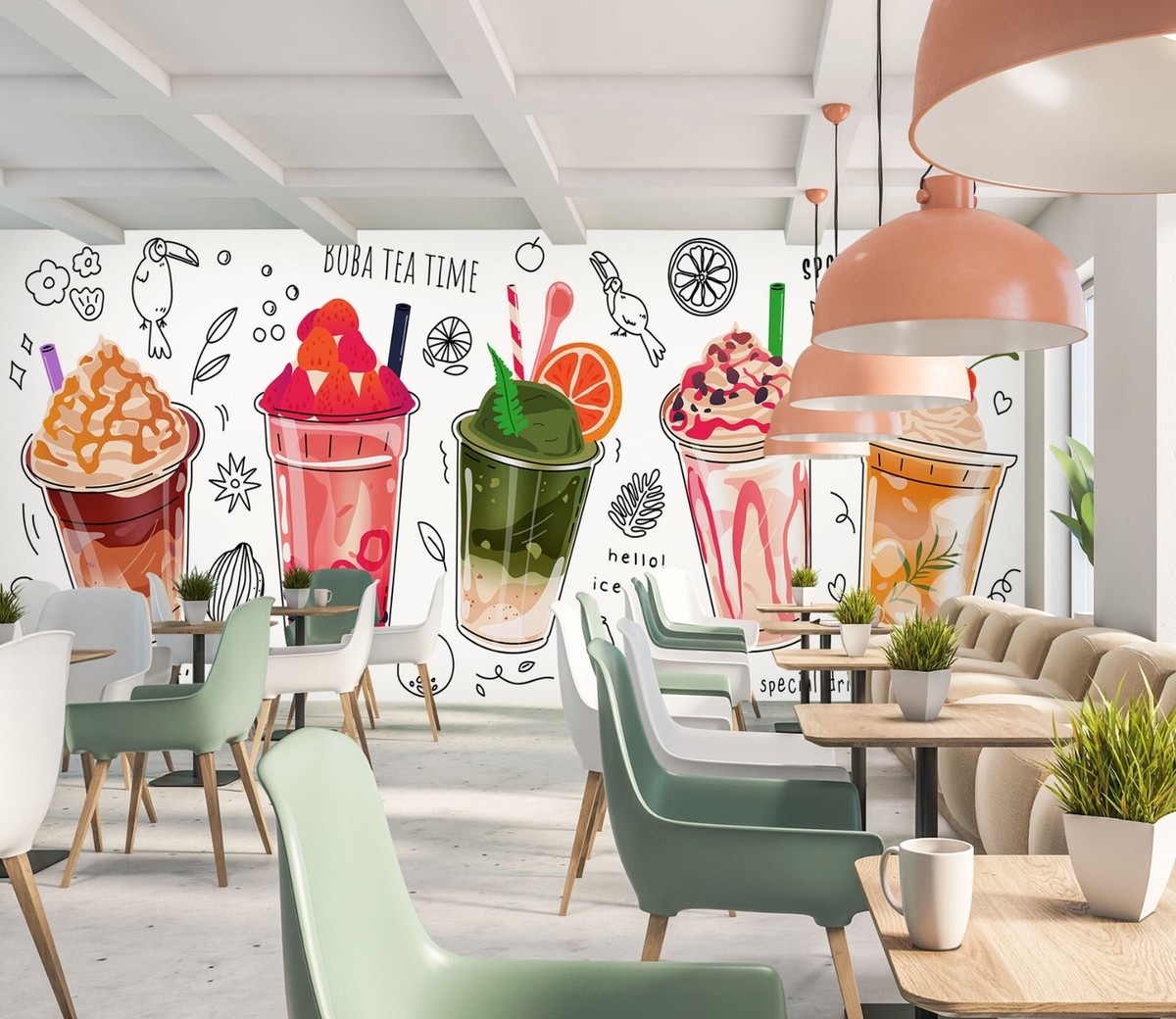 milkteaページ 3D Bubble Tea K1085 Pearl Tea Milk Tea Shop Wallpaper Mural