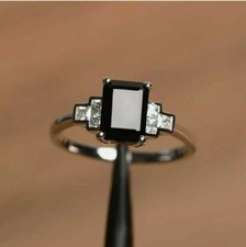 Emerald Cut Black Onyx  Lab Created Diamond Wedding 14Ct White Gold Finish Ring