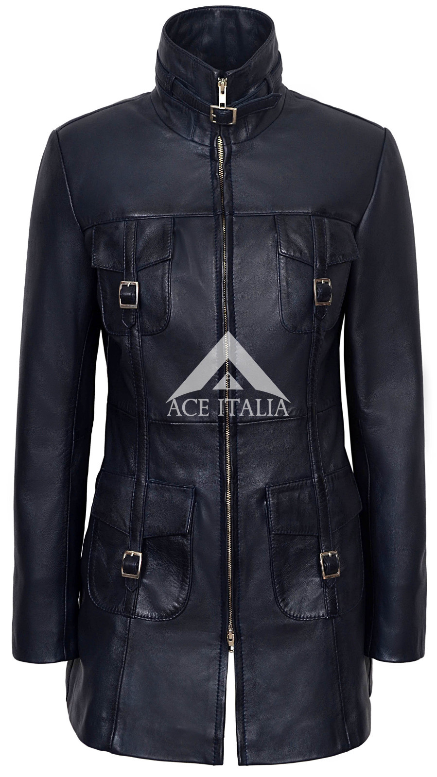 ALTRA Giacca Donna In Pelle Navy Stile Gotico Adattata 100% VERO CAPPOTTO IN PELLE D'AGNELLO 1310