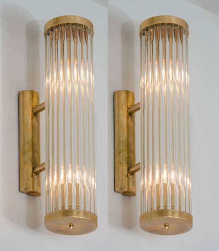 Antique Art Deco Brass & Glass Rod Wall Sconces – Vintage Light Appliques Pair