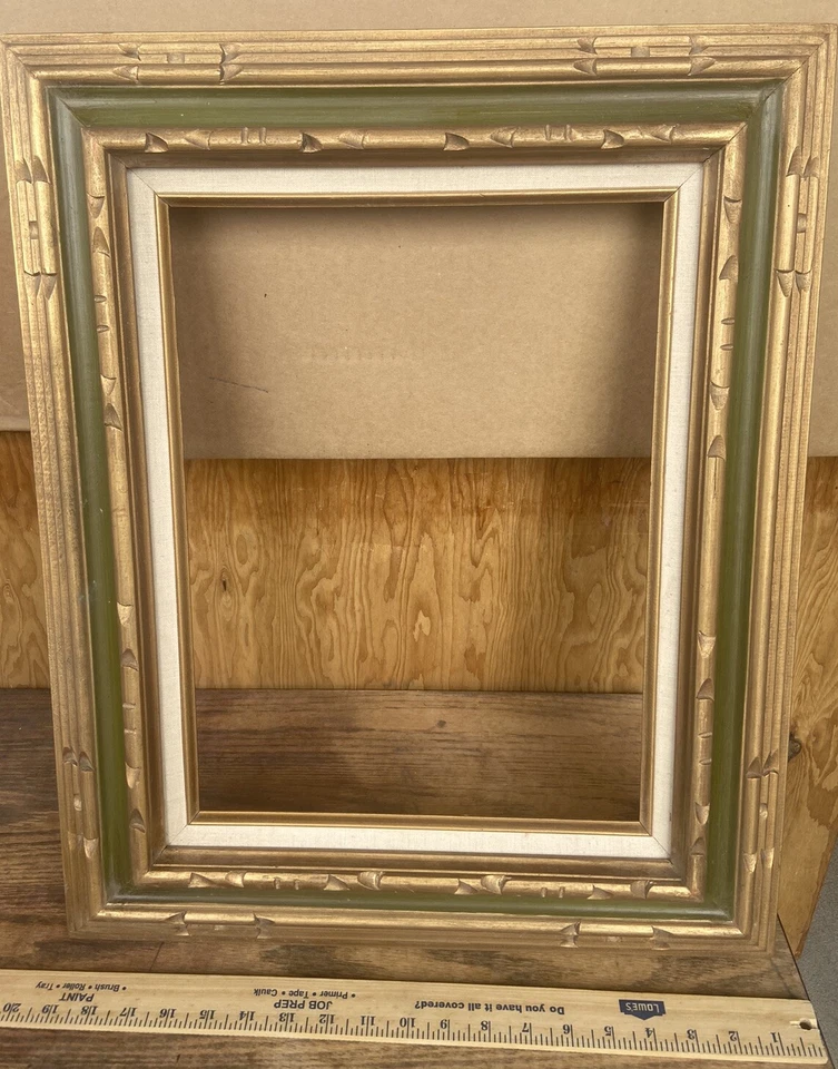 "ANTIGUO MARCO DE FOTOS ARTESANALES NOUVEAU DE LINO DORADO VERDE TALLADO ORO 18""x22""" Foto 3 de 3