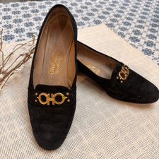Salvatore Ferragamo Black Suede Heeled Loafers sz 7 C Gold Band Accent