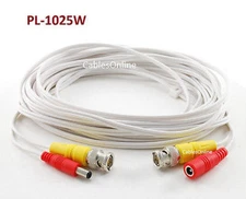 25ft White CCTV Security Camera M/F DC Power Cable w/ BNC Male Plugs, PL-1025W