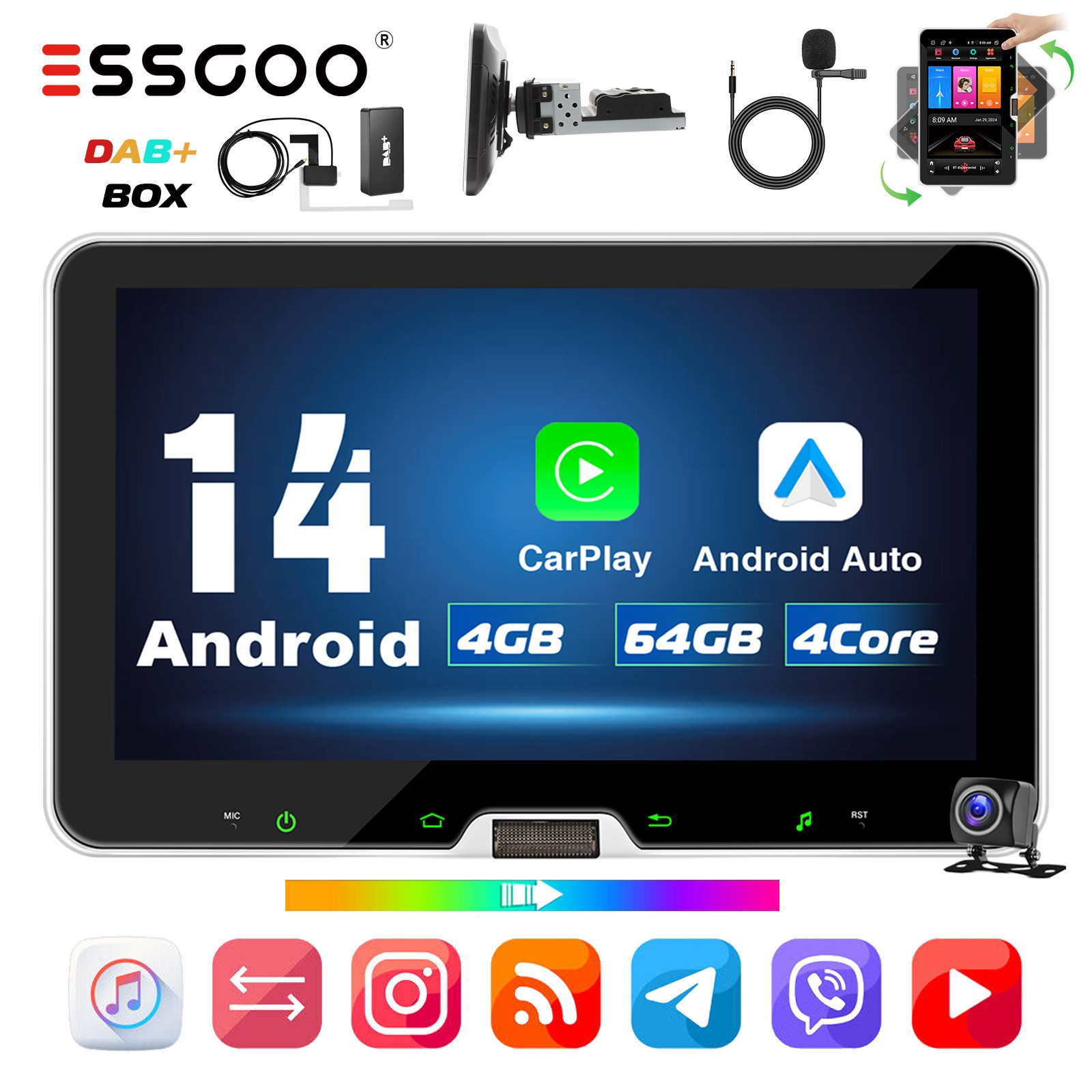 Autoradio 1 DIN 10" Android 14 Carplay GPS NAVI DAB+ 4+64G Schermo Girevole
