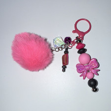 Pink Beaded Bow Pom Pom Key Chain/Bag Charm w/Detachable Clip Keyring