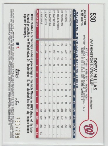 2024 Topps Purple Foil Drew Millas Rookie Washington Nationals #530 - Picture 2 of 2