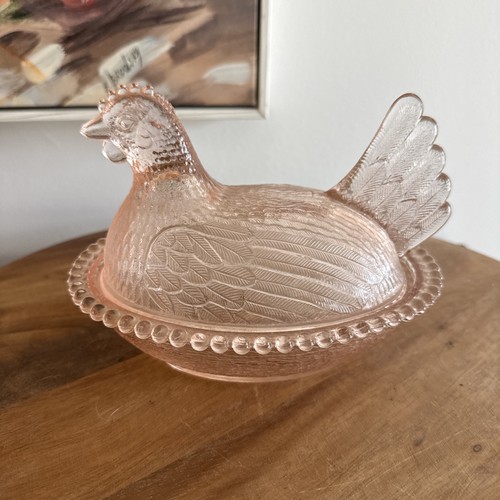 Rare VTG Indiana Glass Pink Peach Glass Hen on Nest  