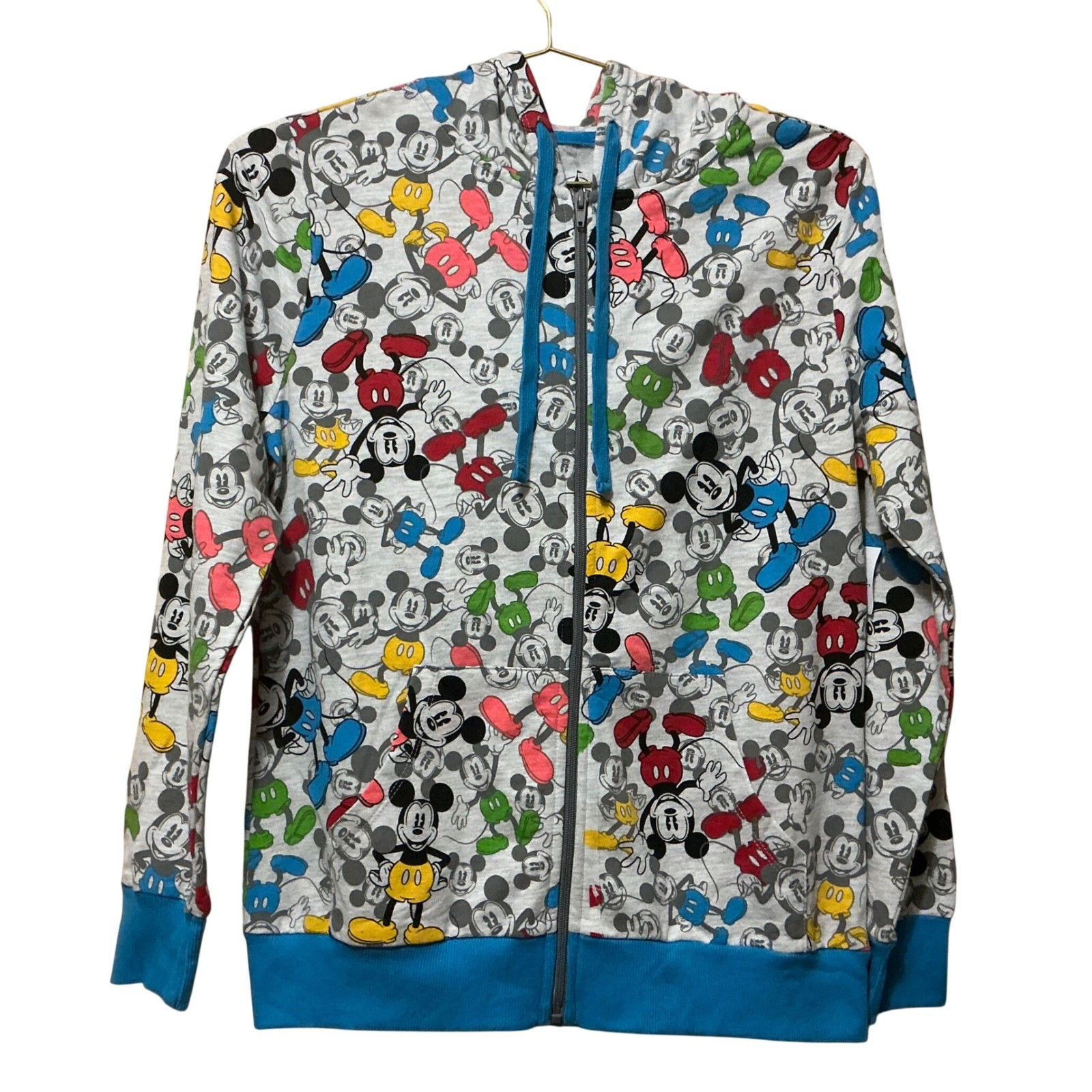 Disney Parks Mickey Mouse All Over Print Zip Up Hoodie Gray Blue Womens Medium