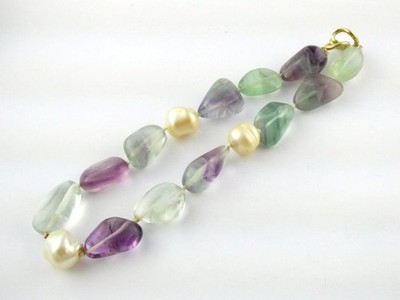 Vintage Ciner Goldtone Metal Clasp Fluorite Faux Pearl Beaded Necklace 142.2g