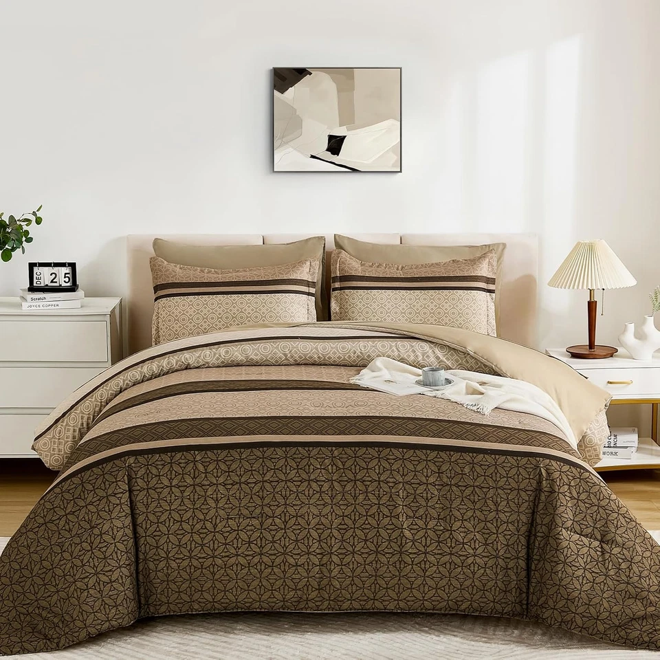 Juego de edredón 7 piezas tamaño queen, cama a rayas marrones en una bolsa edredón y funda Foto 2 de 4