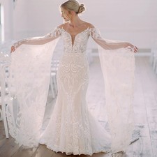 Elegant Mermaid Wedding Dresses V-Neck Flare Sleeves Lace Appliques Birdal Gowns