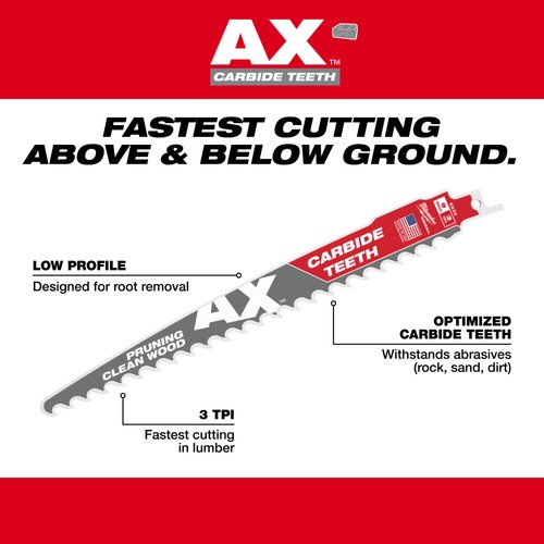 Milwaukee AX with Carbide Teeth for Pruning Clean Wood Sawzall Blades, 12in.L, - Picture 5 of 11