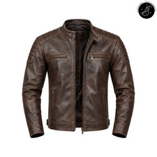 Men's Genuine Sheepskin Brown Cafe Racer Distressed Biker Moto Leather Jacket