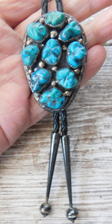 Vintage IHMJ Navajo Cluster TURQUOISE Sterling Silver Bolo Tie Indian Hand Made