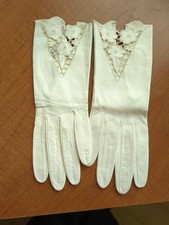 Vintage Ladies Ivory Soft Leather Formal Gloves Openwork Lace