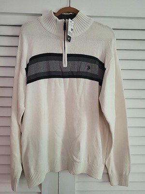 US Polo Assn 1/4 Zip Sweater Winter White Black& Grey Stripe Pullover Men s XXL 